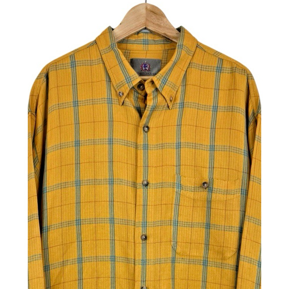 The Territory Ahead Silk Linen Blend Men's Shirt Size XXL Geometric Check Yellow - Picture 2 of 4